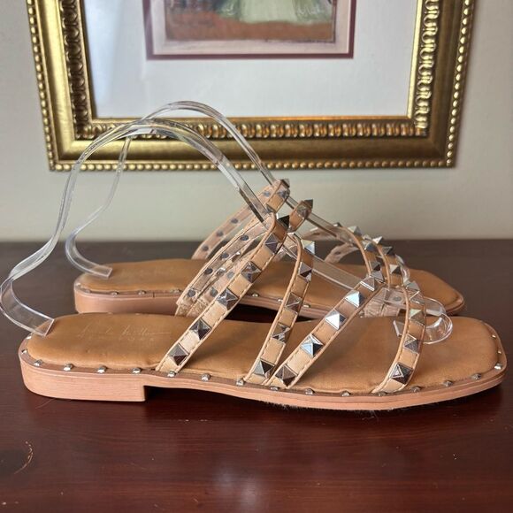 Nicole Miller New York Tan Silver Studded Slide On Flat Sandals Women's Size 9 - Picture 1 of 7